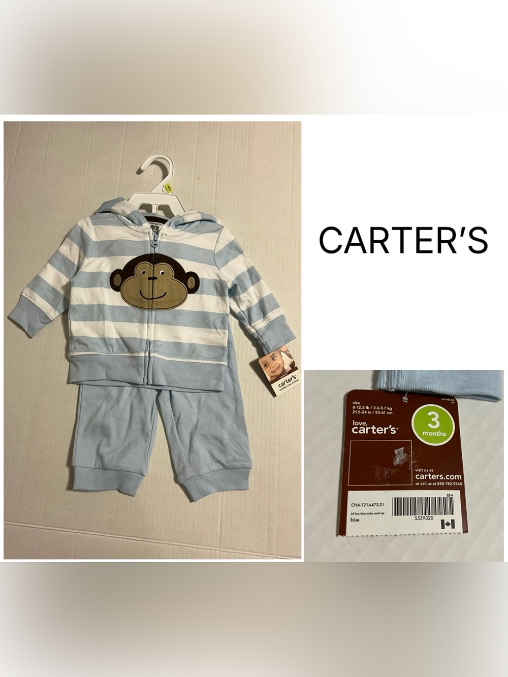 CARTER’S - 3M - NWT - INFANT BOYS 2PC BLUE STRIPE MONKEY SET